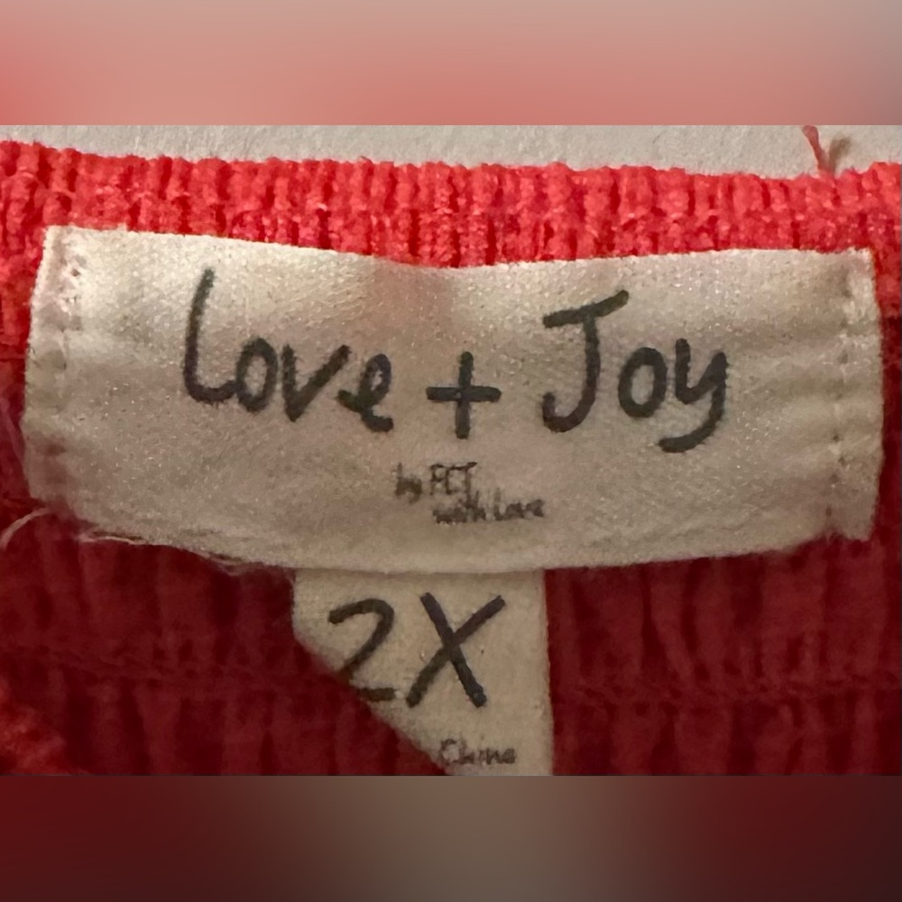 LOVE + JOY size 2X, coral colored, smocked bodice, ruffle sleeve top. - Picture 5 of 6